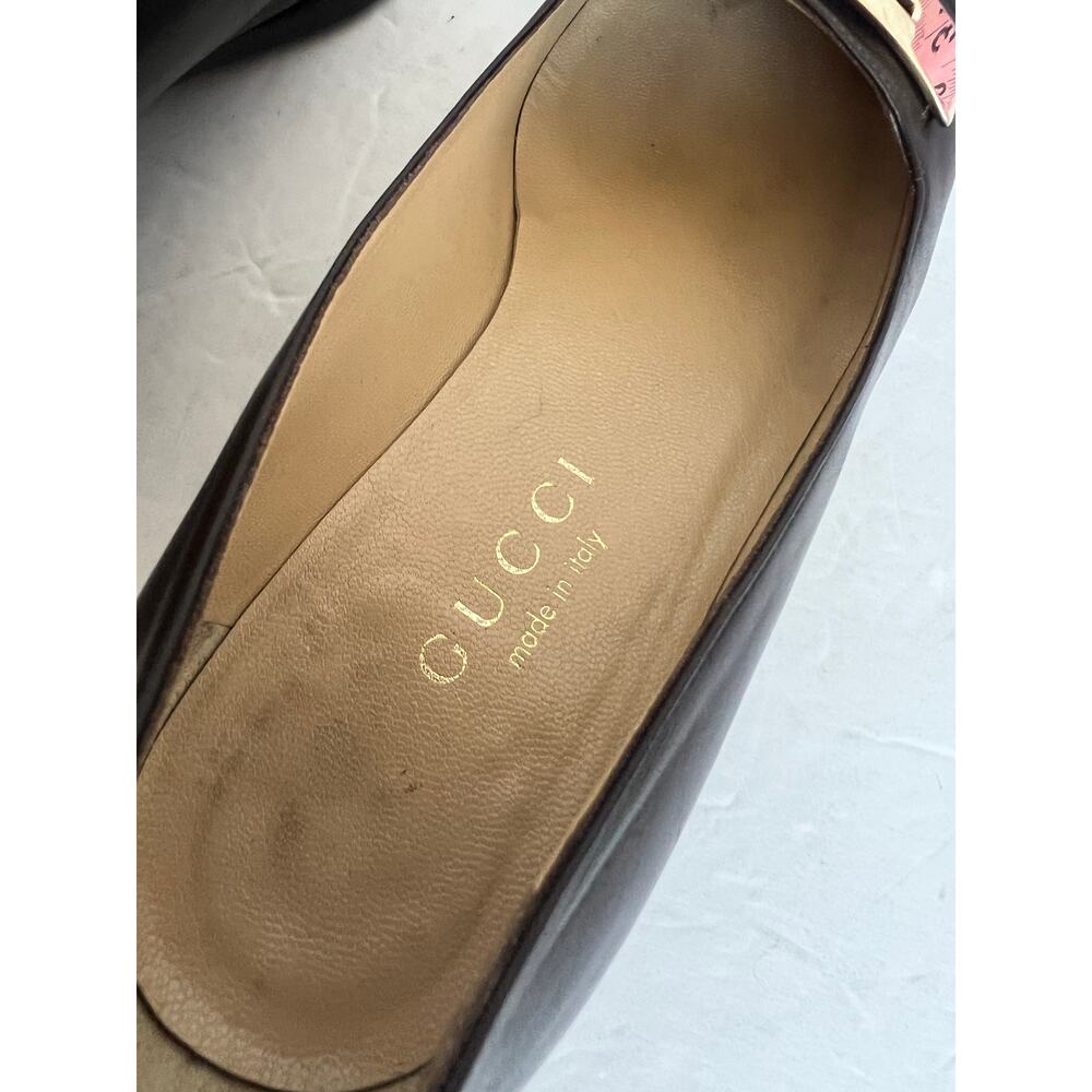 Vintage Gucci Brown Leather Square Toe Gold Plate  Block Low‎ Heel Pumps 6C Wide - Picture 9 of 12